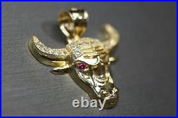 10K Solid Yellow Gold 1 Taurus Red Ruby Eyes With CZ Bull Charm Pendant
